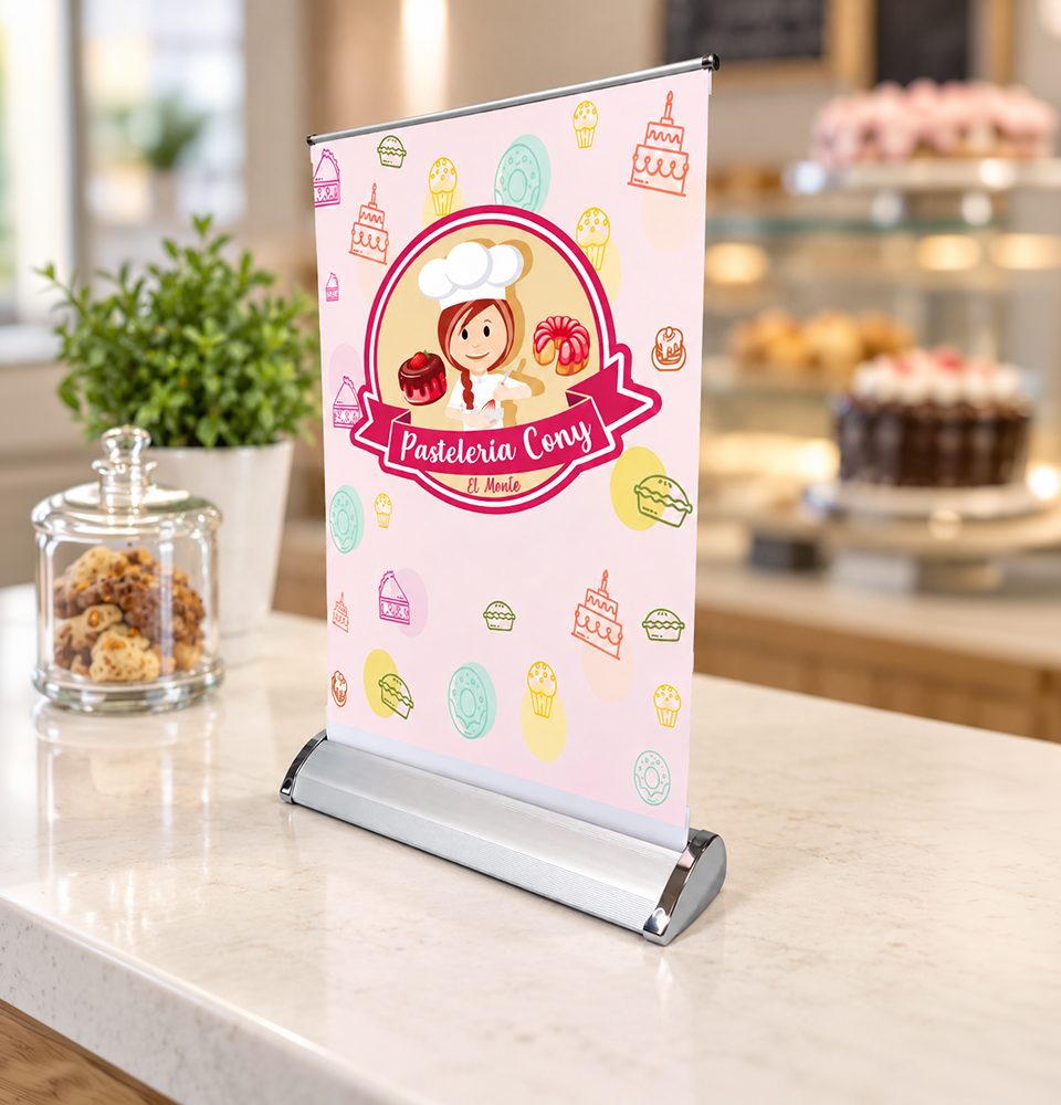 Mini pendón roller personalizado de sobremesa A4 y A3 - Imagen 3
